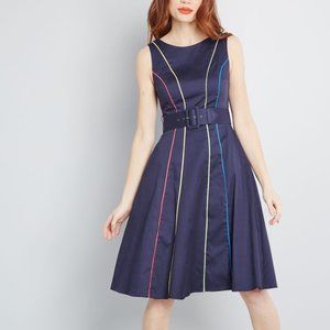 🌹 MODCLOTH Between the Lines Belted Navy Dress
